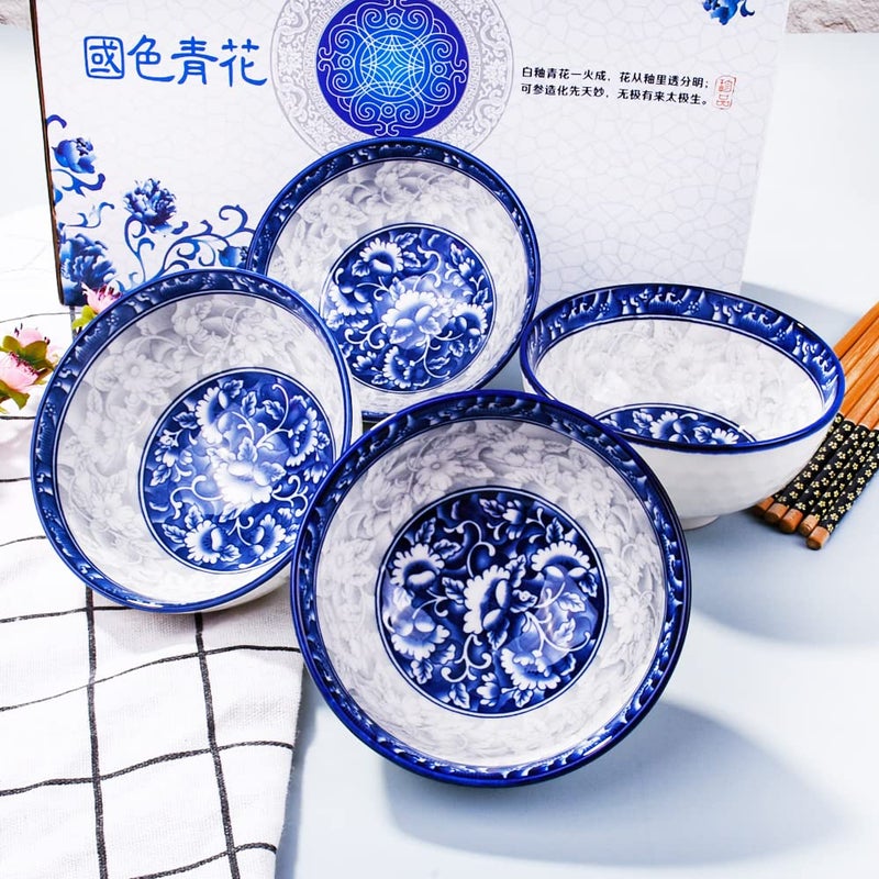 Whitenesser Chinese Bowl and Chopsticks Set of 4 for Rice Soup Sauce Sushi Blue and White Porcelain Cereal Bowls with Delicate Box As a tableware - Image 3